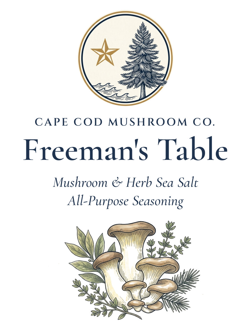 Freeman's Table label: mushrooms and herbs under the Cape Cod Mushroom Co. crest